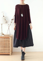 French burgundy Long Shirts o neck side open Art Dress - SooLinen