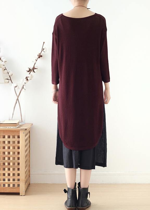 French burgundy Long Shirts o neck side open Art Dress - SooLinen