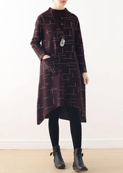 French burgundy plaid clothes For Women high neck Kaftan fall Dress - SooLinen