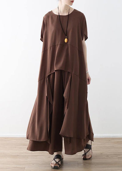 French chocolate Casual Catwalk asymmetric tops and wide leg pants loose Summer - SooLinen