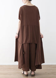French chocolate Casual Catwalk asymmetric tops and wide leg pants loose Summer - SooLinen