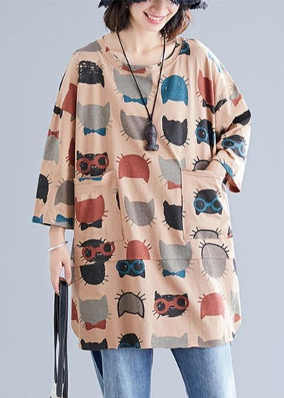 French chocolate print cotton tunic top o neck pockets Art shirts - SooLinen