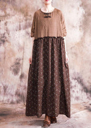 French chocolate print linen cotton dresses o neck patchwork long fall Dresses - SooLinen