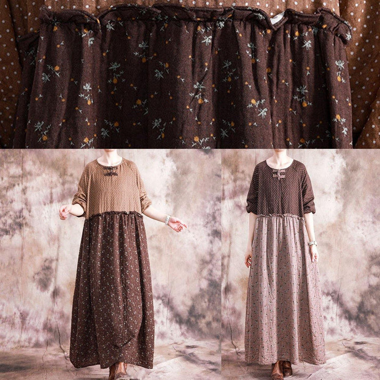 French chocolate print linen cotton dresses o neck patchwork long fall Dresses - SooLinen