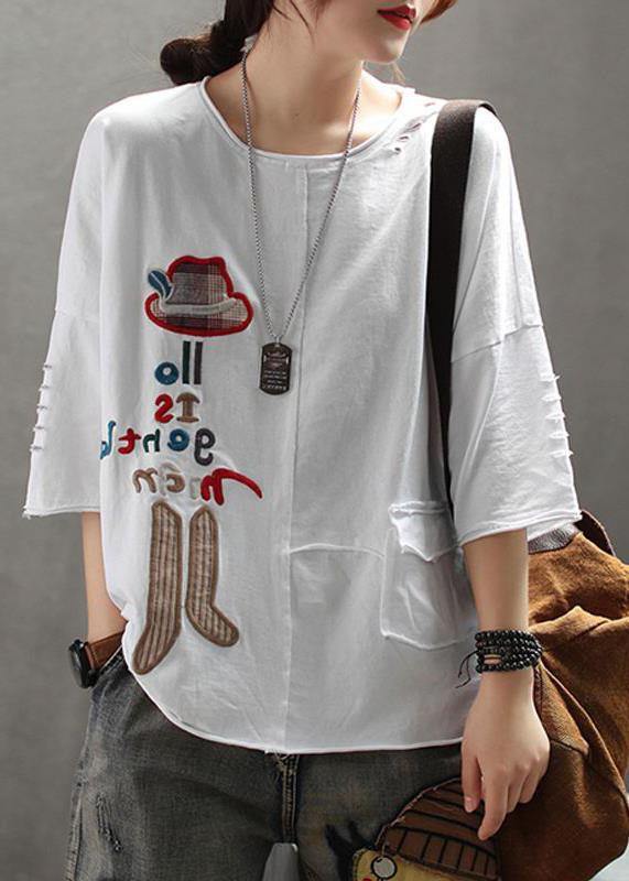 French cotton Embroidery Letter top silhouette 2019 white Summer Drop Shoulder Sleeve T-Shirt - SooLinen
