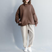 French cotton Long Shirts Organic high neck baggy Sewing brown tunic