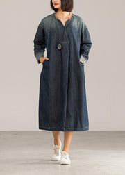 Französische Baumwollkleider Casual V-Ausschnitt Denim Blue Women Casual Dress