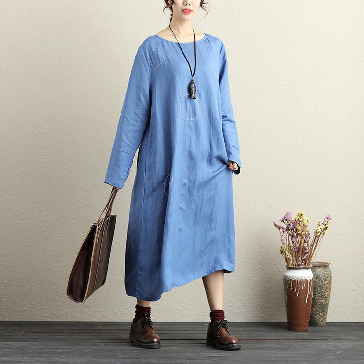 French cotton dresses Fitted Round Neck Long Sleeve Cotton Linen Blue Women Dress
