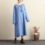 Französische Baumwollkleider Tailliertes Rundhals-Langarm-Baumwoll-Leinen-Blau-Damenkleid