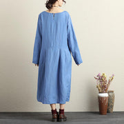 Französische Baumwollkleider Tailliertes Rundhals-Langarm-Baumwoll-Leinen-Blau-Damenkleid
