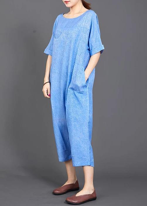 French cotton jumpsuit pants fine blue Solid Color Casual Loose Comfortable Jumpsuit - SooLinen