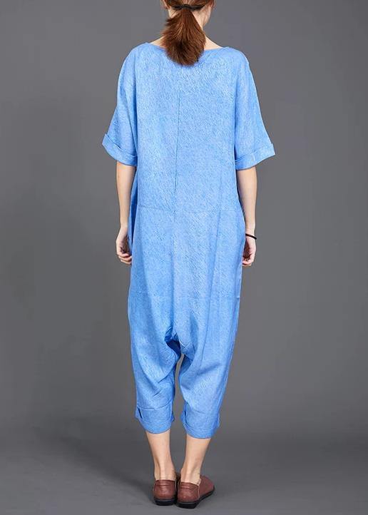 French cotton jumpsuit pants fine blue Solid Color Casual Loose Comfortable Jumpsuit - SooLinen