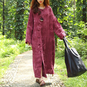 Französische Baumwoll-Leinen-Steppkleidung Feines Herbst-Langarm-Färbe-Rot-Kleid für Frauen