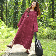 Französische Baumwoll-Leinen-Steppkleidung Feines Herbst-Langarm-Färbe-Rot-Kleid für Frauen