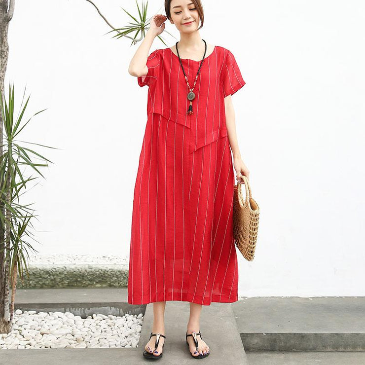 Französische Baumwolle Steppkleidung Mode Leinen Baumwolle Damen Kurzarm Streifen Rot Kleid