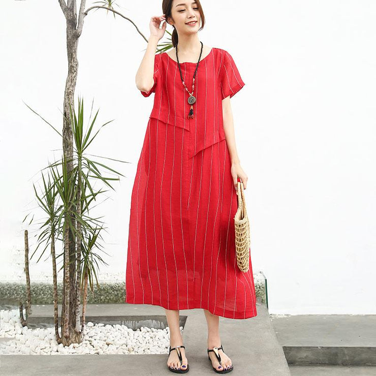 Französische Baumwolle Steppkleidung Mode Leinen Baumwolle Damen Kurzarm Streifen Rot Kleid