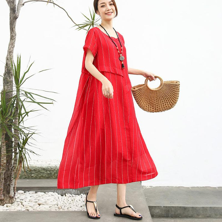 French cotton quilting clothes Fashion Linen Cotton Women Short Sleeve Stripe Red Dress