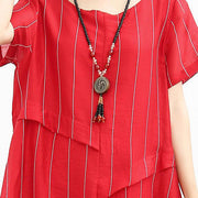 French cotton quilting clothes Fashion Linen Cotton Women Short Sleeve Stripe Red Dress