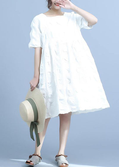 French cotton quilting white clothes plus size Pleated Loose Short Sleeve Summer Dress - SooLinen
