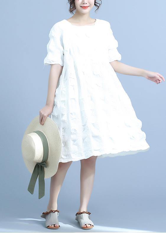 French cotton quilting white clothes plus size Pleated Loose Short Sleeve Summer Dress - SooLinen