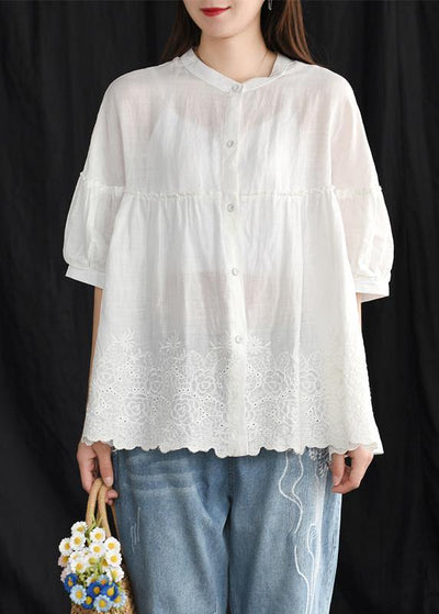 French cotton whhite shirts women boutique Women Summer Vintage Loose Embroidery Shirt - SooLinen
