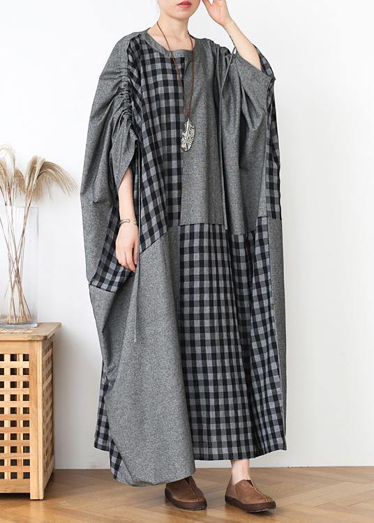 French dark gray plaid clothes For Women o neck patchwork long fall Dress - SooLinen