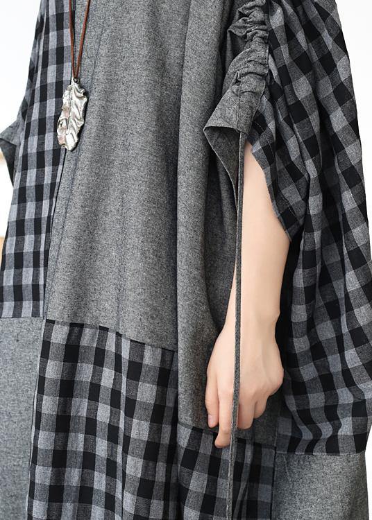 French dark gray plaid clothes For Women o neck patchwork long fall Dress - SooLinen