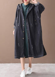 French denim black Fine coat for woman Shape hooded Hole outwears - SooLinen
