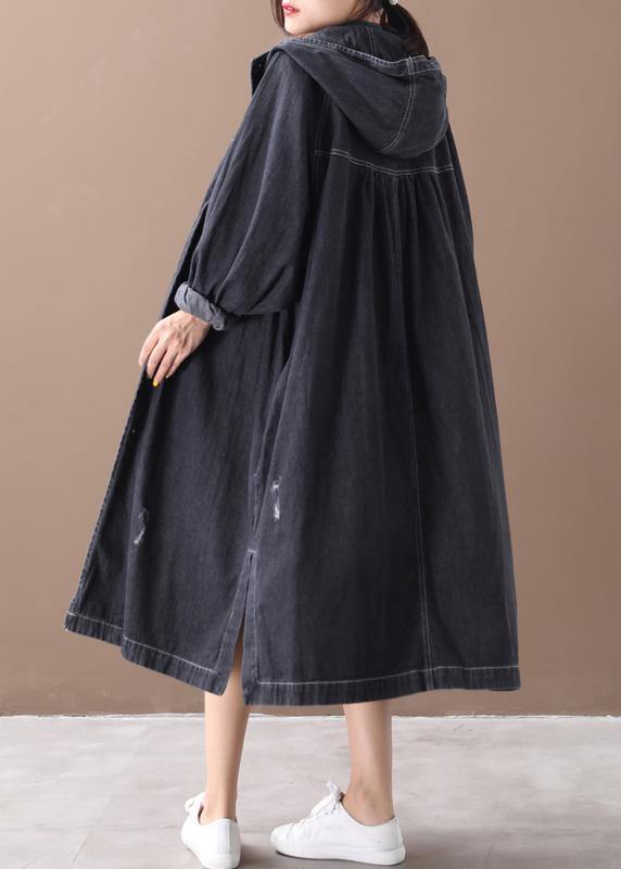 French denim black Fine coat for woman Shape hooded Hole outwears - SooLinen