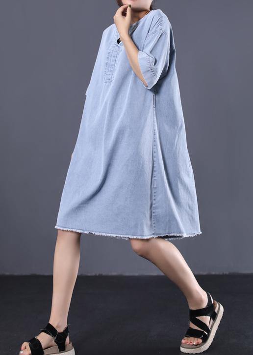 French denim blue Cotton quilting dresses v neck loose summer Dress - SooLinen