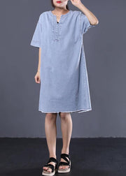 French denim blue Cotton quilting dresses v neck loose summer Dress - SooLinen