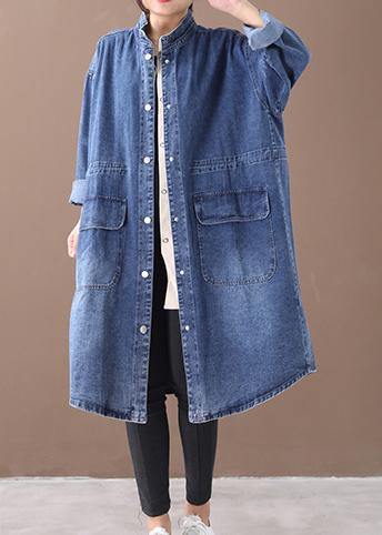 French denim blue Plus Size box coat Shape stand collar drawstring coat ...