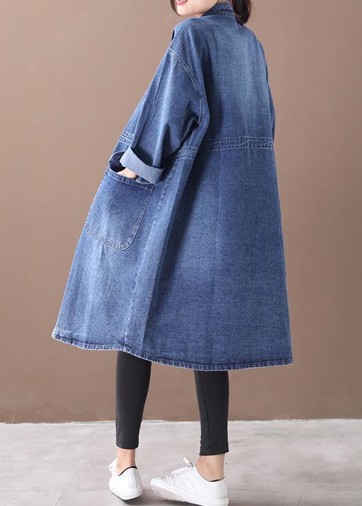French denim blue Plus Size box coat Shape stand collar drawstring coat - SooLinen