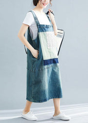 French denim blue cotton quilting dresses sleeveless cotton robes summer Dress - SooLinen