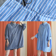 French drawstring Cotton dresses Fabrics dark blue shirt Dress fall - SooLinen