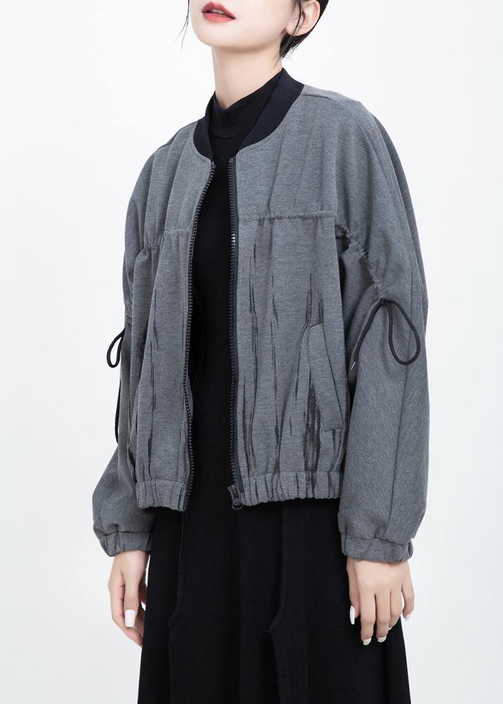 French elastic hem fine zippered short coats gray prints short outwear - SooLinen