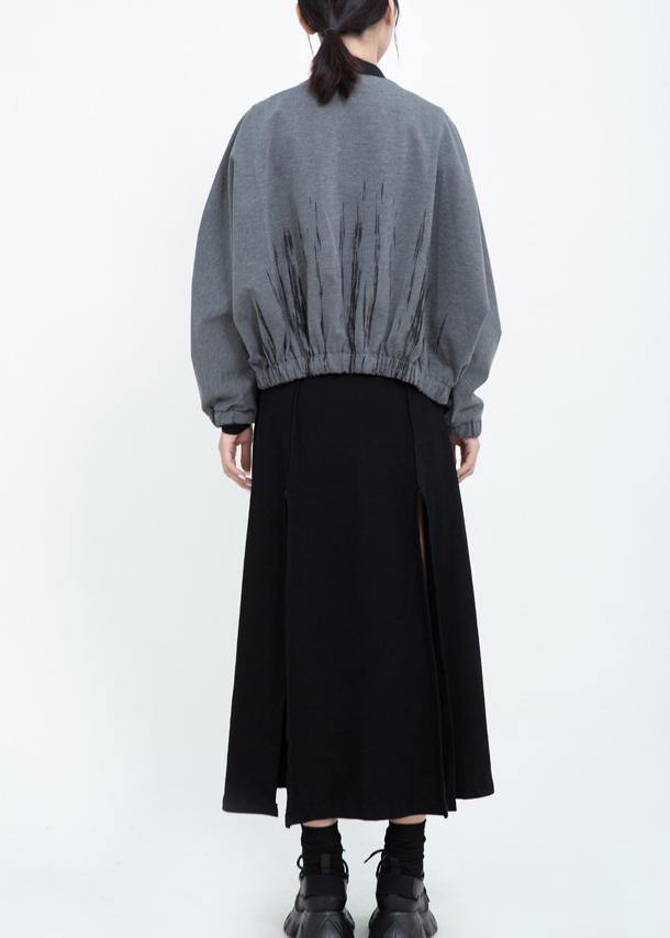 French elastic hem fine zippered short coats gray prints short outwear - SooLinen
