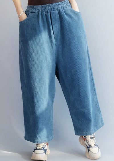 French elastic waist wild trousers oversized blue wide leg trousers - SooLinen
