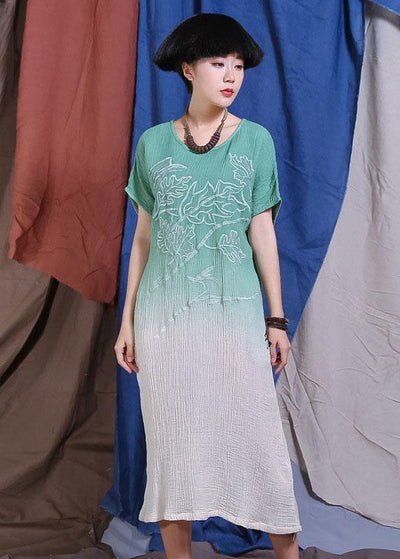 French embroidery cotton linen clothes For Women Wardrobes green gradient color Dress summer - SooLinen