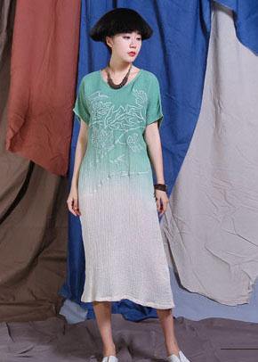 French embroidery cotton linen clothes For Women Wardrobes green gradient color Dress summer - SooLinen