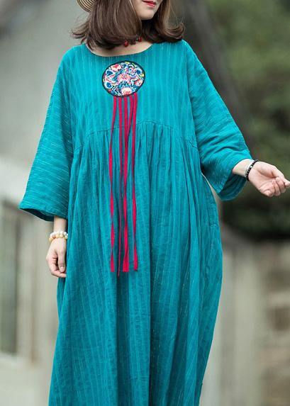 French embroidery o neck linen Robes Cotton blue striped Dress summer - SooLinen
