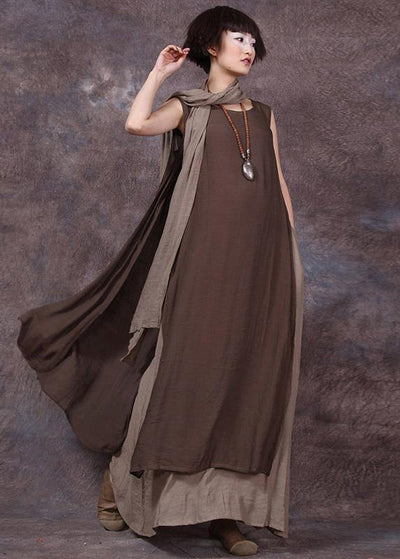 French false two pieces linen dresses Neckline chocolate sleeveless Dress summer - SooLinen
