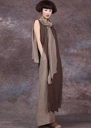 French false two pieces linen dresses Neckline chocolate sleeveless Dress summer - SooLinen