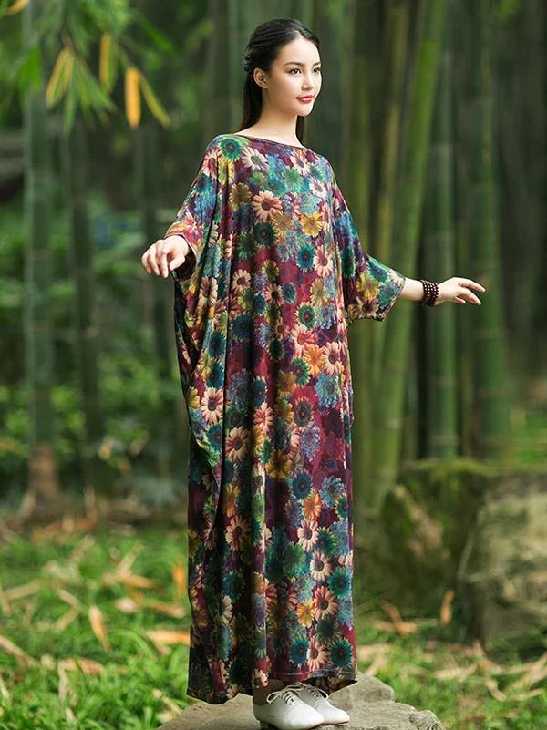 French floral cotton Long Shirts Slash neck Batwing Sleeve Maxi Dress - SooLinen