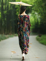 French floral cotton Long Shirts Slash neck Batwing Sleeve Maxi Dress - SooLinen