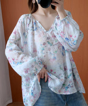 French floral shirts women v neck baggy Midi blouse - SooLinen