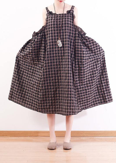 French gray Plaid cotton Long Shirts Omychic design Spaghetti Traveling Summer Dresses - SooLinen