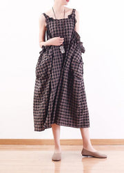 French gray Plaid cotton Long Shirts Omychic design Spaghetti Traveling Summer Dresses - SooLinen