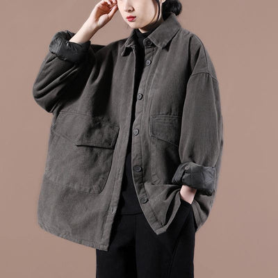 French gray Plus Size maxi coat Cotton lapel Button Down spring jackets - SooLinen