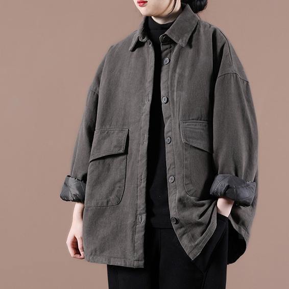 French gray Plus Size maxi coat Cotton lapel Button Down spring jackets - SooLinen